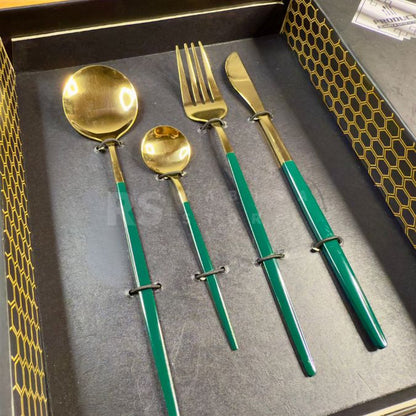 24 Piece Premium Gold Cutlery Set Stainless Steel Flatware for 6 | Forks, Knives, Spoons with Gift Box | Green, White, Rose Gold, Golden