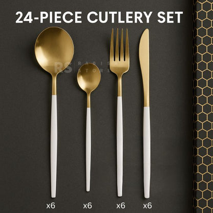 24 Piece Premium Gold Cutlery Set Stainless Steel Flatware for 6 | Forks, Knives, Spoons with Gift Box | Green, White, Rose Gold, Golden