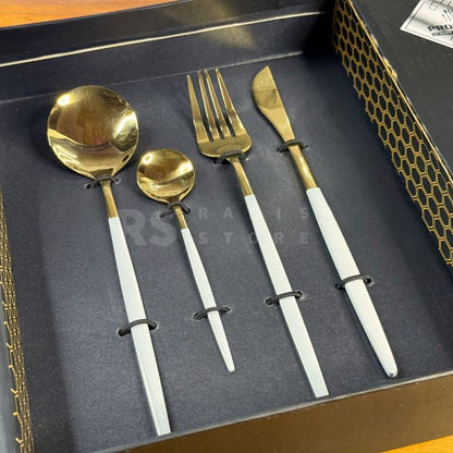 24 Piece Premium Gold Cutlery Set Stainless Steel Flatware for 6 | Forks, Knives, Spoons with Gift Box | Green, White, Rose Gold, Golden