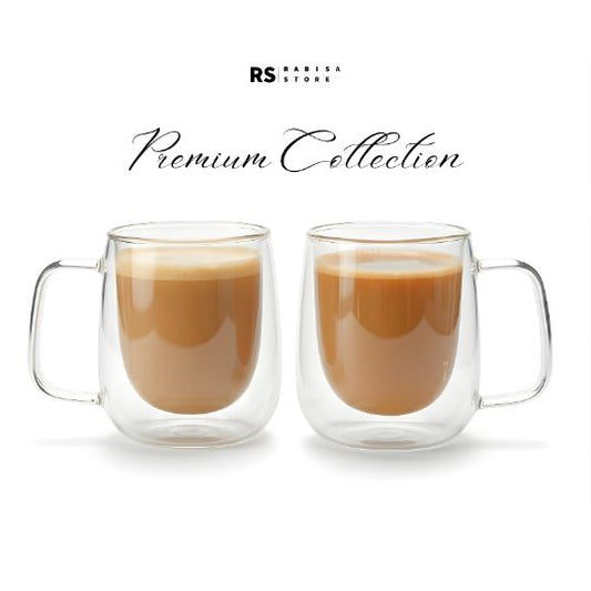 Pack of 2 200ML Modern Premium Regular Size Double Wall Glass Mug Pair