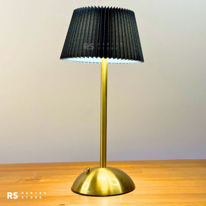 Elegant Rechargeable Touch LED Table Lamp – Black Pleated Shade & Golden Base