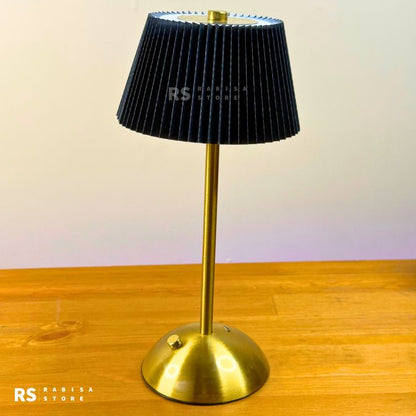Elegant Rechargeable Touch LED Table Lamp – Black Pleated Shade & Golden Base