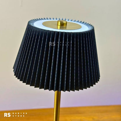 Elegant Rechargeable Touch LED Table Lamp – Black Pleated Shade & Golden Base