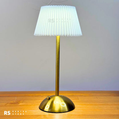 Elegant Rechargeable Touch LED Table Lamp – White Pleated Shade & Golden Base