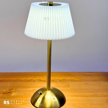 Elegant Rechargeable Touch LED Table Lamp – White Pleated Shade & Golden Base