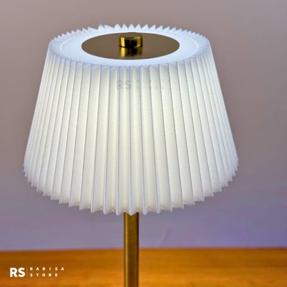 Elegant Rechargeable Touch LED Table Lamp – White Pleated Shade & Golden Base
