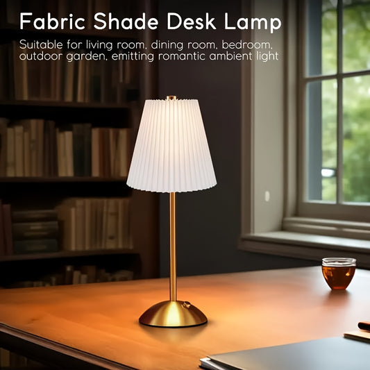 Elegant Rechargeable Touch LED Table Lamp – White Pleated Hanging Shade & Golden Base