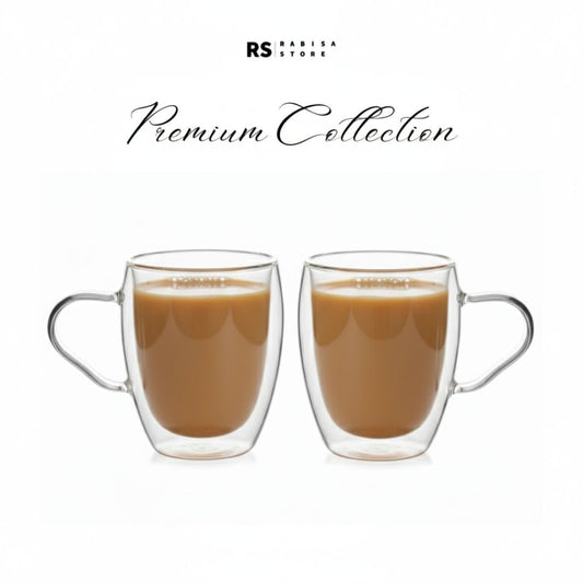 Pack of 2 Premium 200ml Regular Double Wall Glass Mug Pair Insulated, Hand Safe, Modern Design