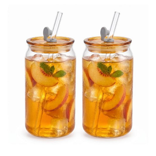 Tumbler Glass With Bamboo Lid & Glass Straw Round - 540ml