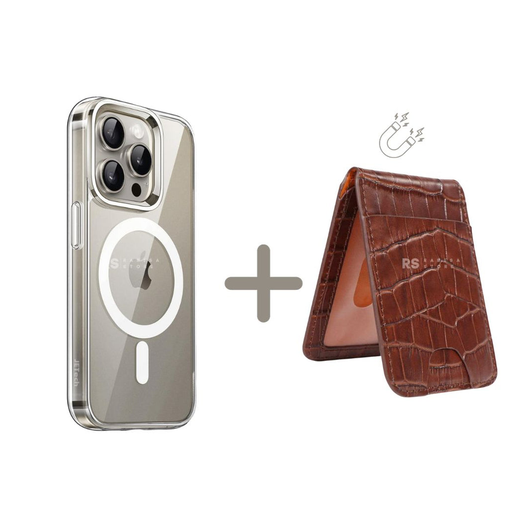 iPhone 15 Pro Max Magsafe Case With Attachable Mini Mag Magnetic Wallet Brown