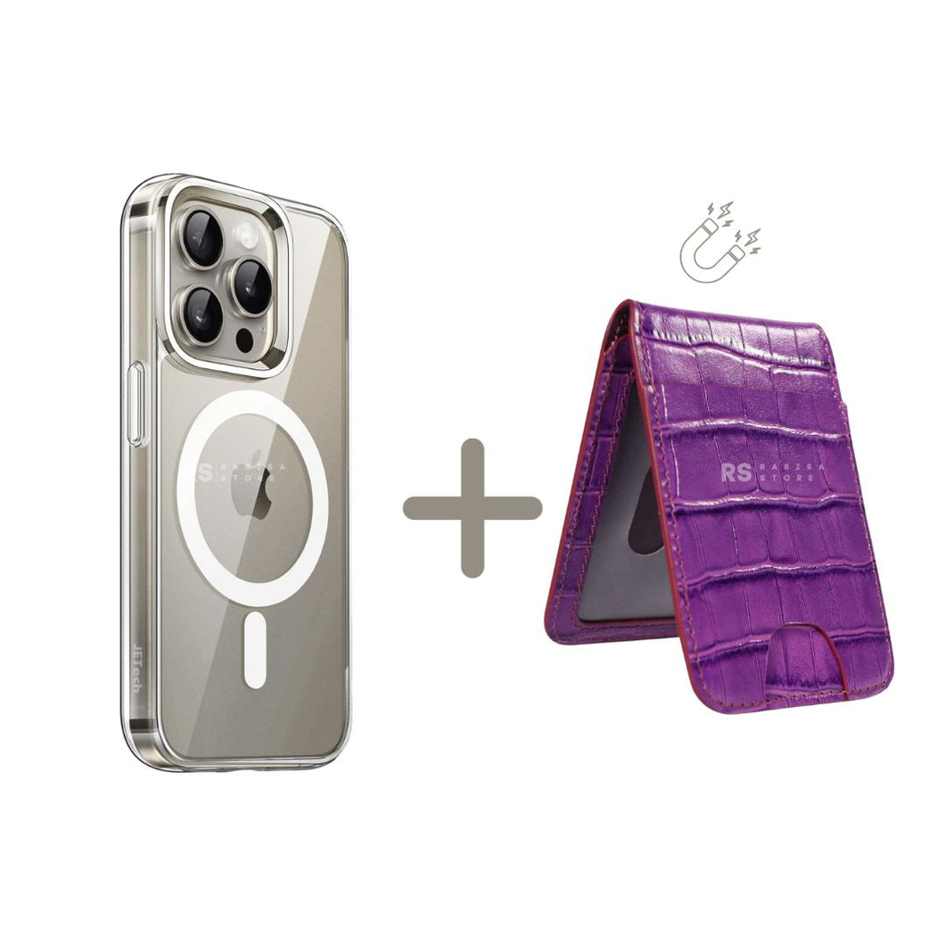 iPhone 15 Pro Max Magsafe Case With Attachable Mini Mag Magnetic Wallet Purple