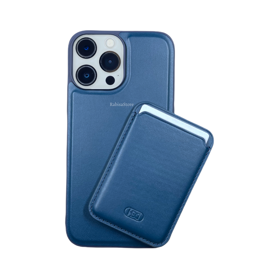 HDD Matte Leather iPhone 13 Pro Max Case With Magnetic Card Holder Blue